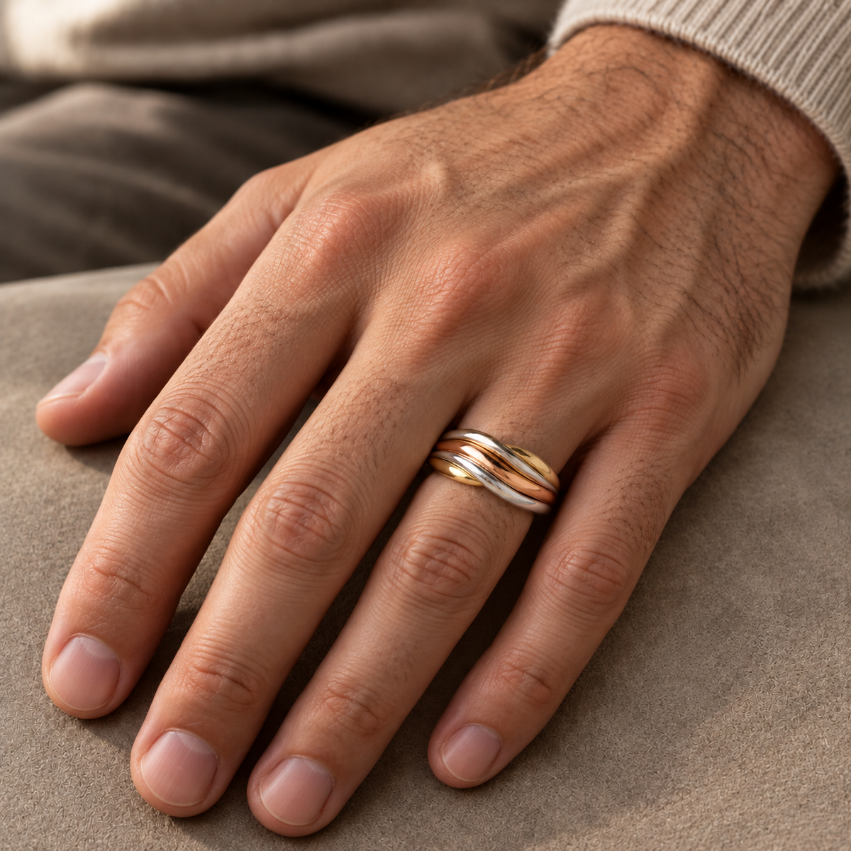 18ct Tri-Colour Gold Mens Wave Design Dress Ring