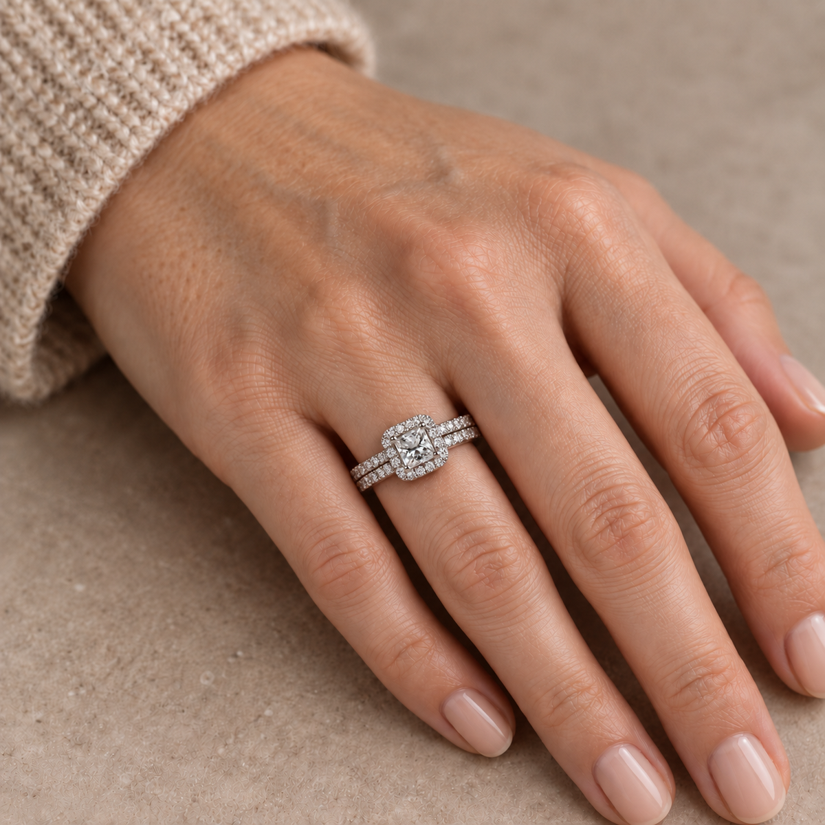 18ct White Gold 0.50ct Princess-Cut Diamond Halo Dress Ring – H/SI1