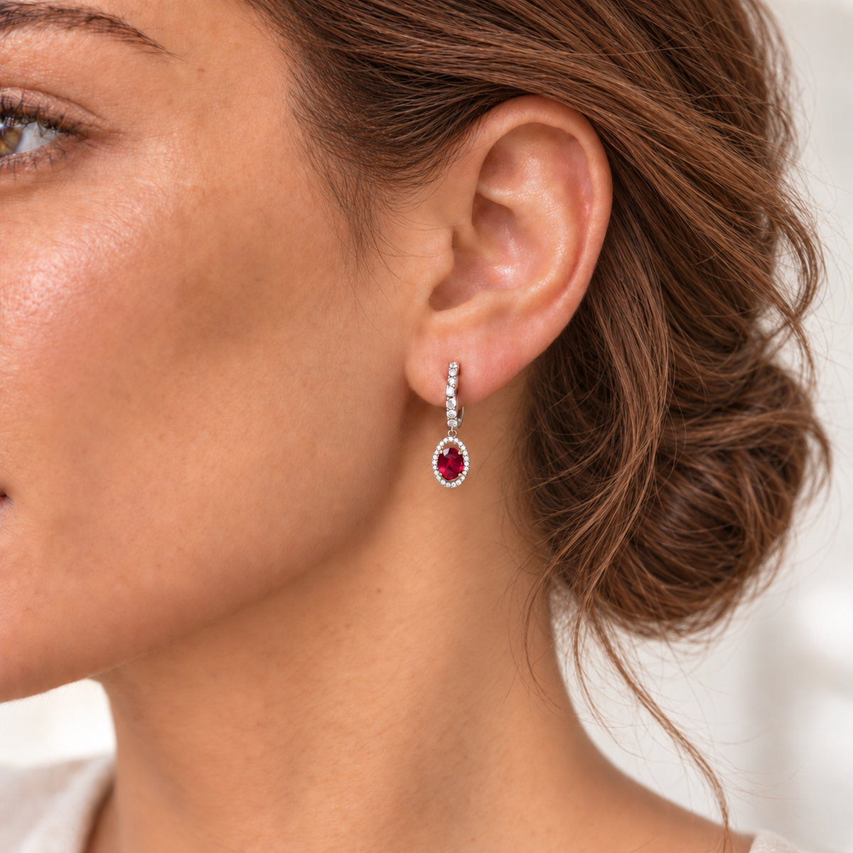18ct White & Yellow Gold Ruby and Diamond Halo Drop Earrings