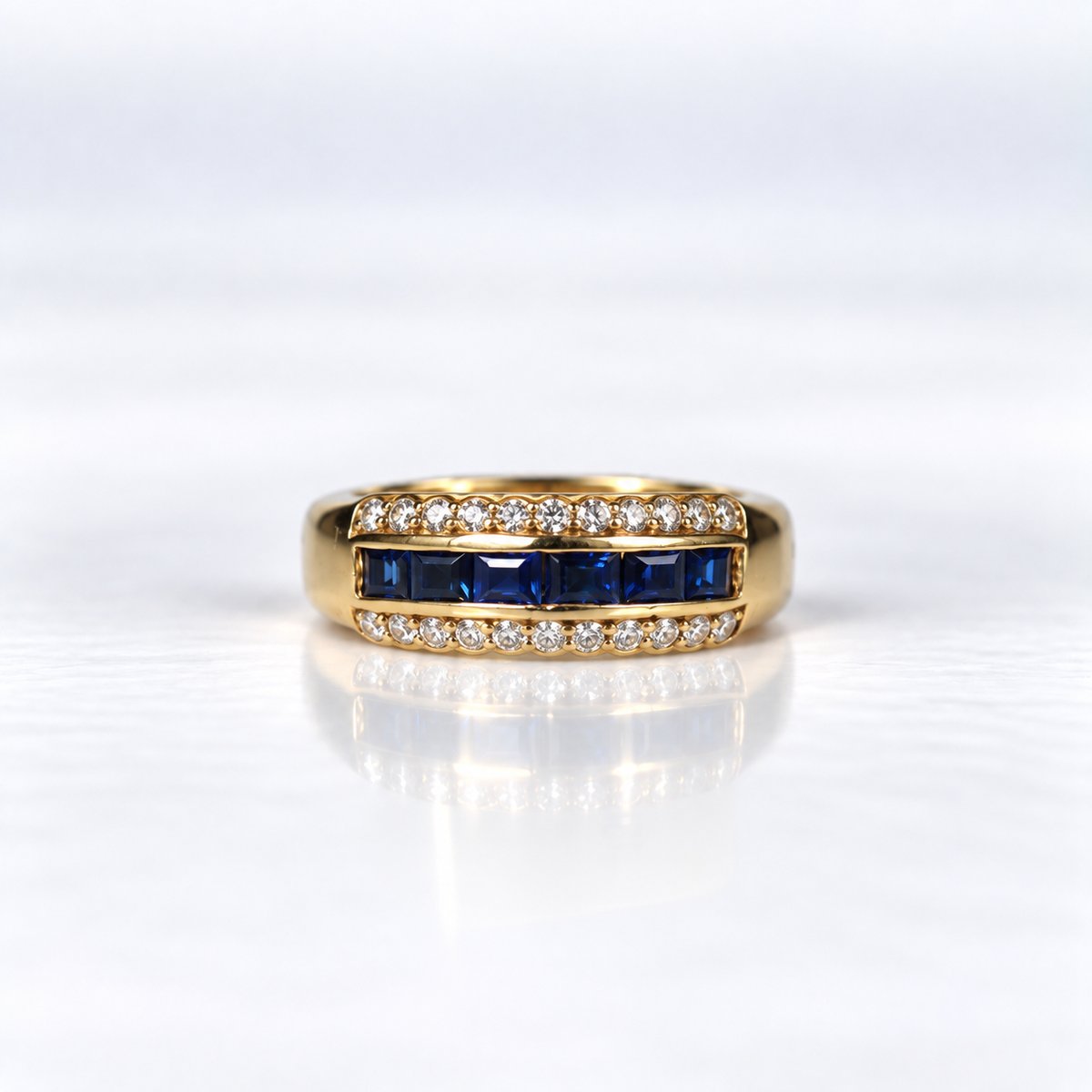 18ct Yellow Gold Three-Row Princess-Cut Sapphire and Diamond Dress Ring