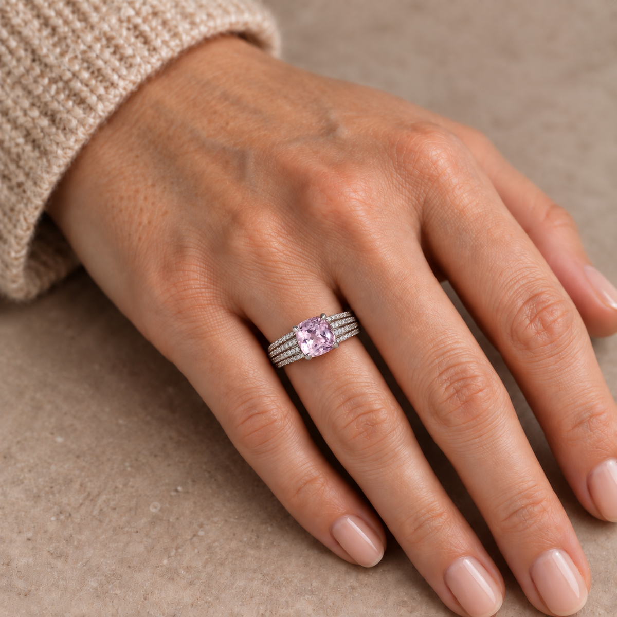 9ct White Gold Kunzite and Diamond Dress Ring