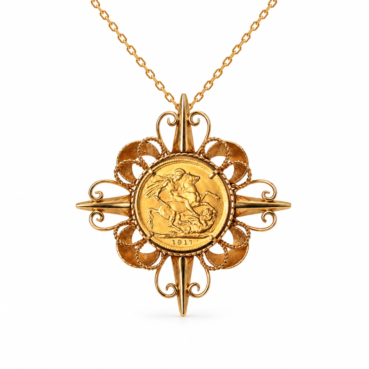 18ct Yellow Gold Ornate 1911 Full Sovereign Coin Pendant and Brooch