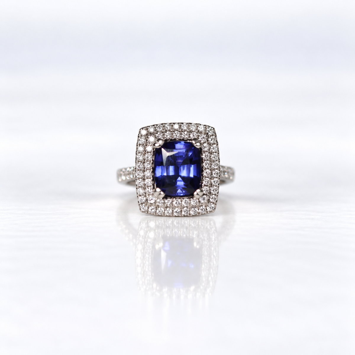 Handmade 18ct White Gold 2.60ct Tanzanite and Diamond Double Halo Ring