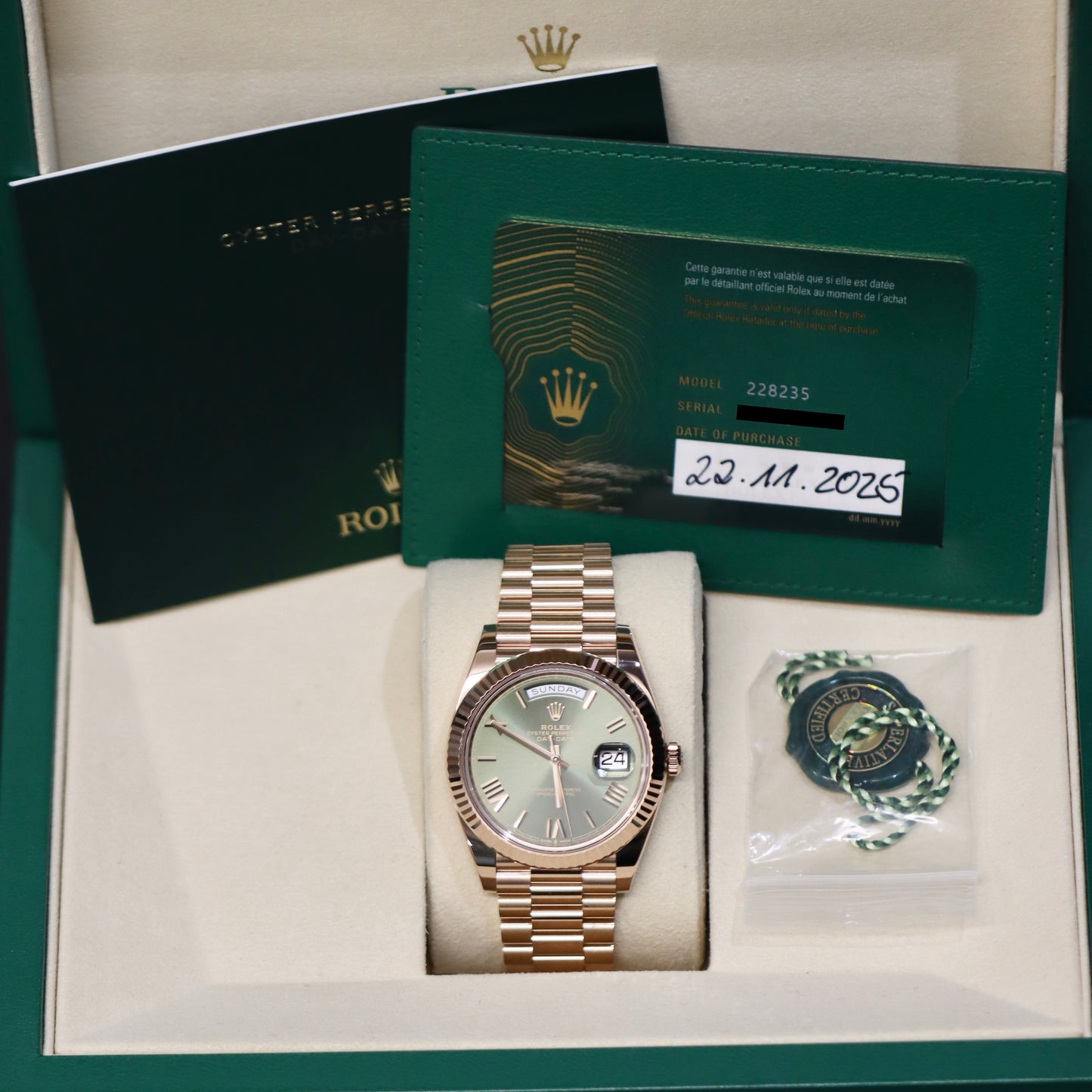 2025 Rolex Day-Date 40MM - Olive - Rose Gold - 228235