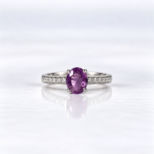 14ct White Gold Pink Sapphire Solitaire Ring with Diamond-Set Band