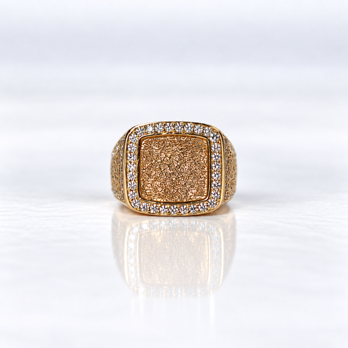 14ct Yellow Gold Diamond Signet Ring with Diamond-Set Border and Shoulders