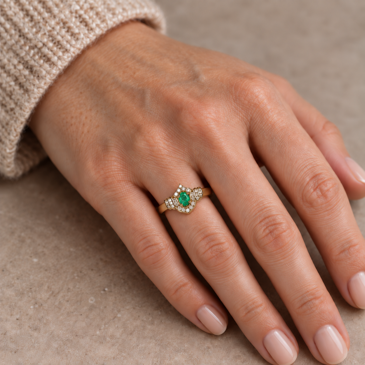 14ct Yellow Gold Emerald and Diamond Ornate Dress Ring