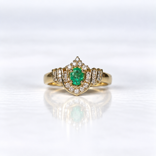 14ct Yellow Gold Emerald and Diamond Ornate Dress Ring