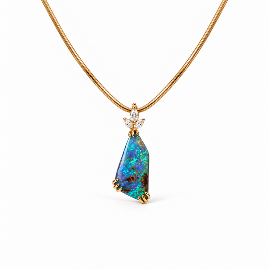 14ct Yellow Gold Lightning Ridge Opal and Diamond Pendant-Pendant Only