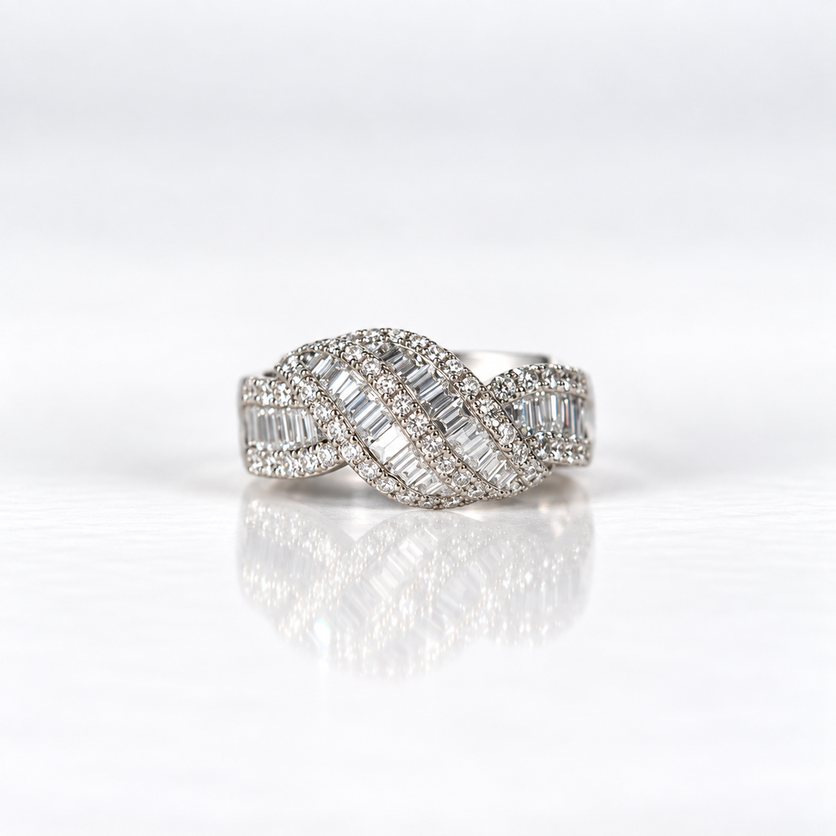 18ct White Gold Baguette & Round Diamond Swirl Dress Ring