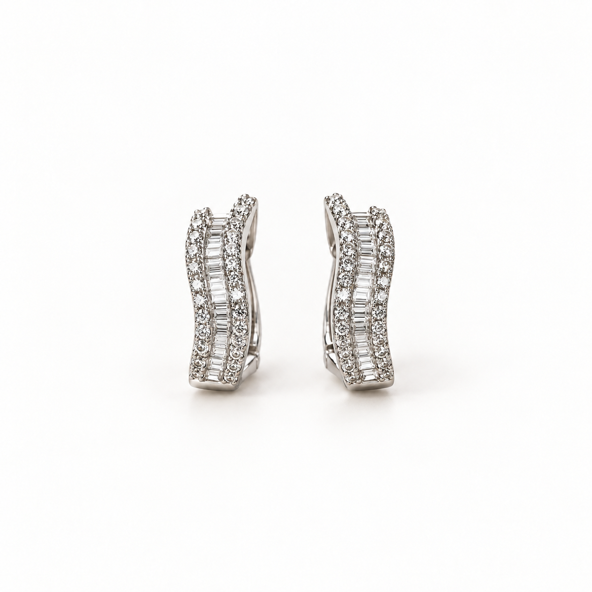 18ct White Gold Baguette & Round Diamond Wave Huggie Earrings