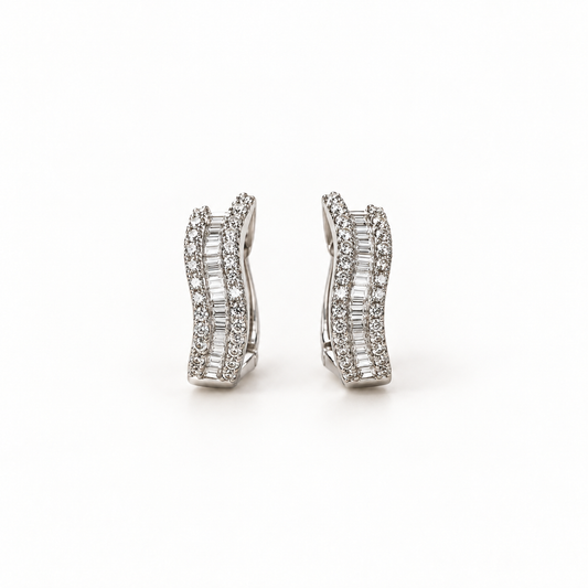 18ct White Gold Baguette & Round Diamond Wave Huggie Earrings