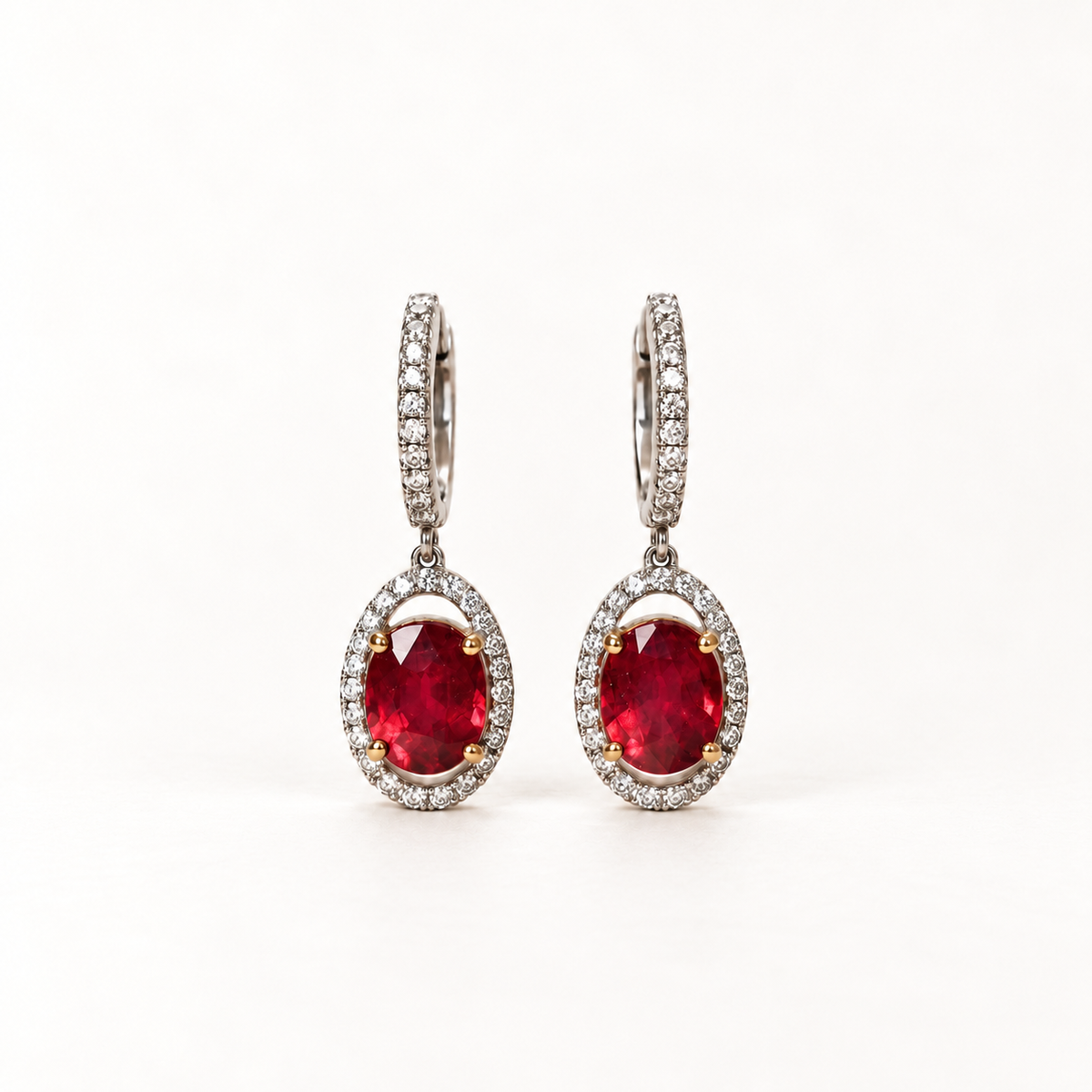 18ct White & Yellow Gold Ruby and Diamond Halo Drop Earrings