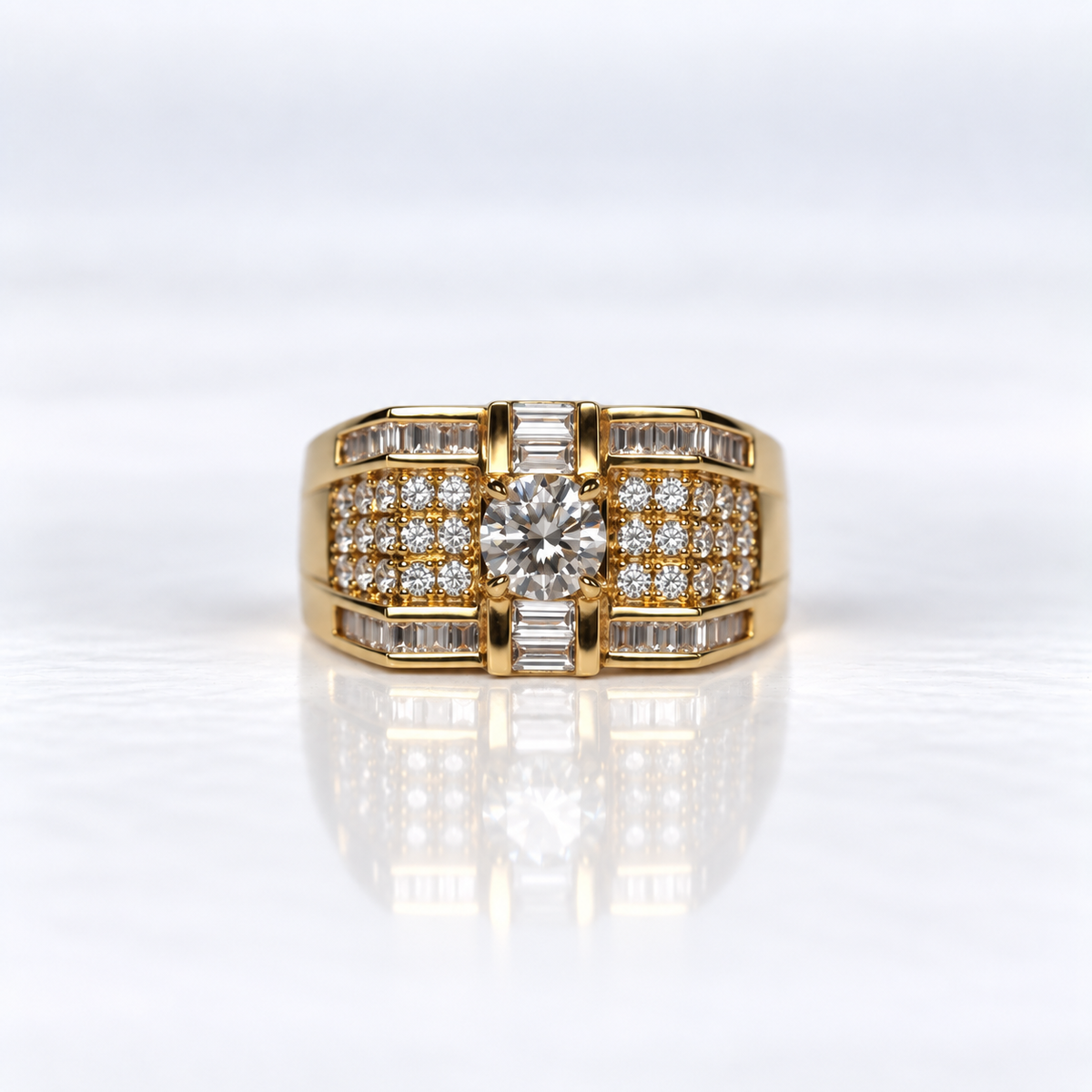 18ct Yellow Gold 0.75ct Diamond Men’s Ring with Baguette and Round Brilliant-Cut Diamonds