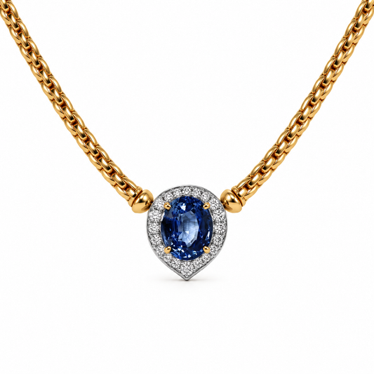 18ct Yellow Gold 7.50ct Blue Celon Sapphire Pendant and  Necklace
