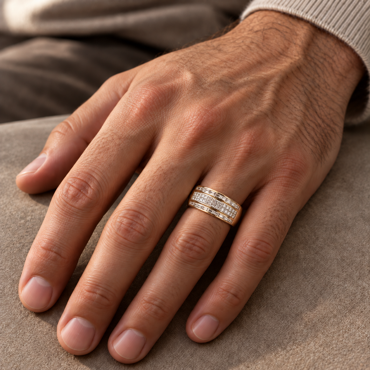 18ct Yellow Gold Baguette & Princess-Cut Diamond Mens Ring