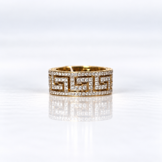 18ct Yellow Gold Diamond Greek Key Men’s Ring – Versace Inspired