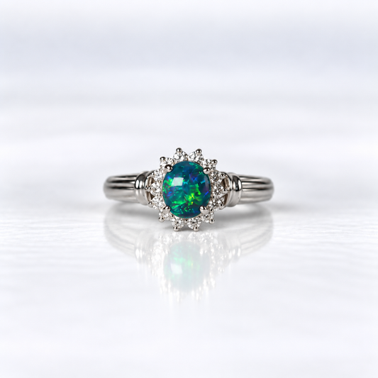 18ct Yellow Gold Oval Cabochon Australian Opal and Diamond Dress Ring