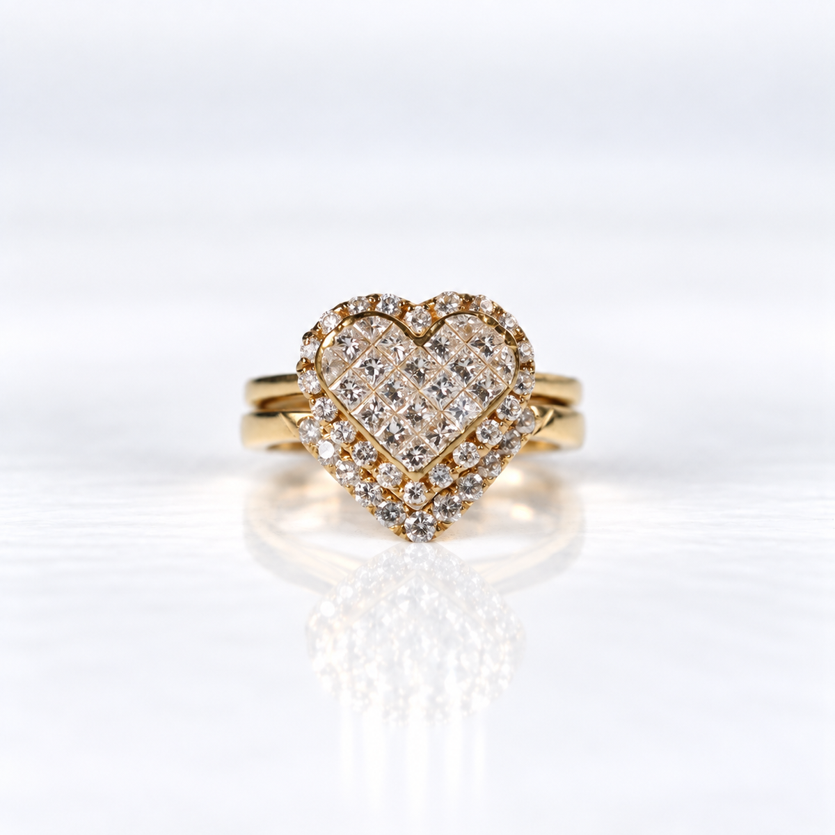 18ct Yellow Gold Pavé Diamond Heart Ring & Keeper Set