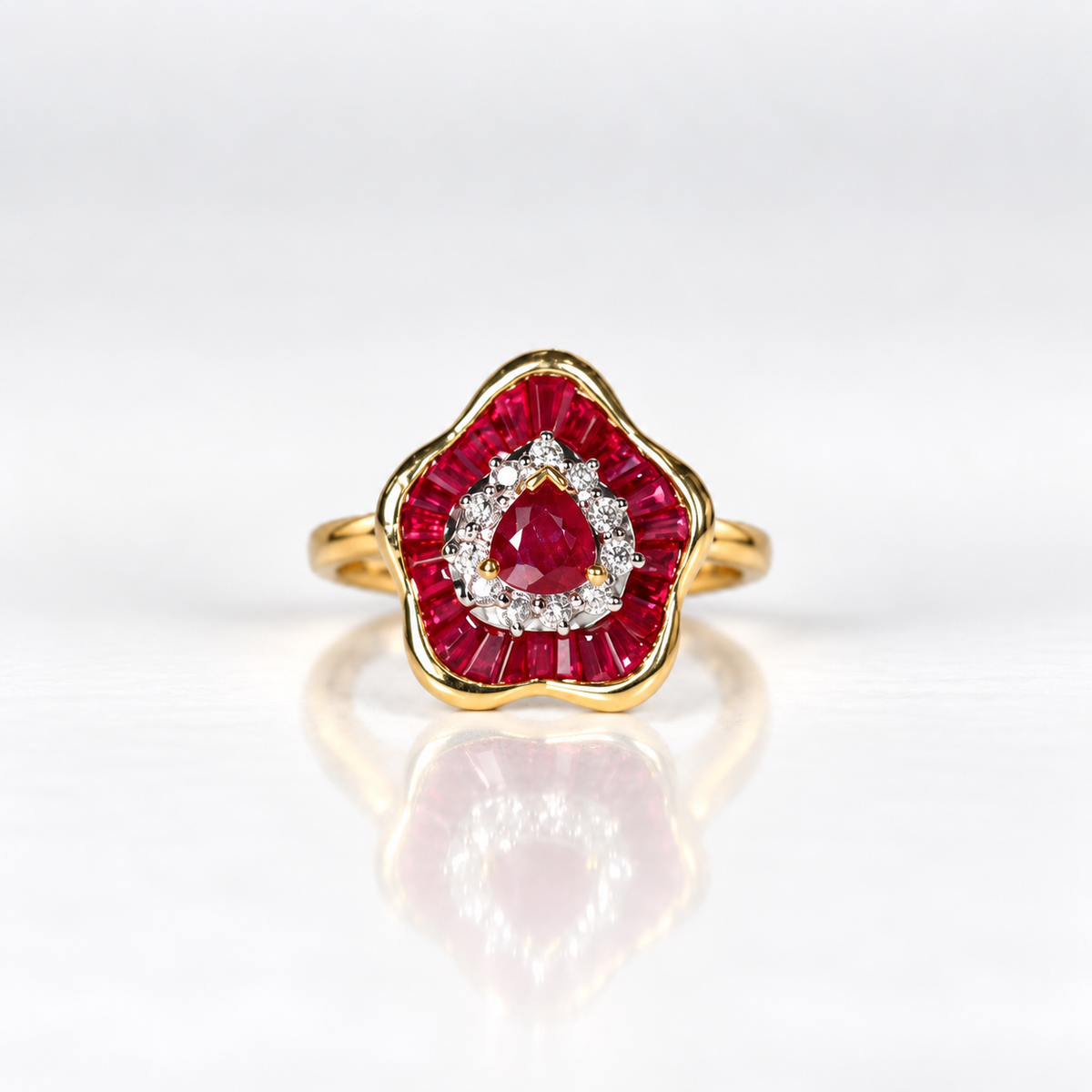 18ct Yellow Gold Ruby & Diamond Ballerina Ring