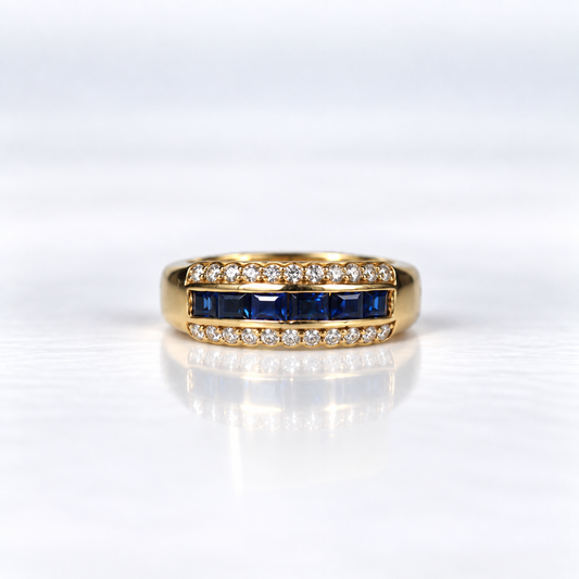 18ct Yellow Gold Three-Row Princess-Cut Sapphire and Diamond Dress Ring