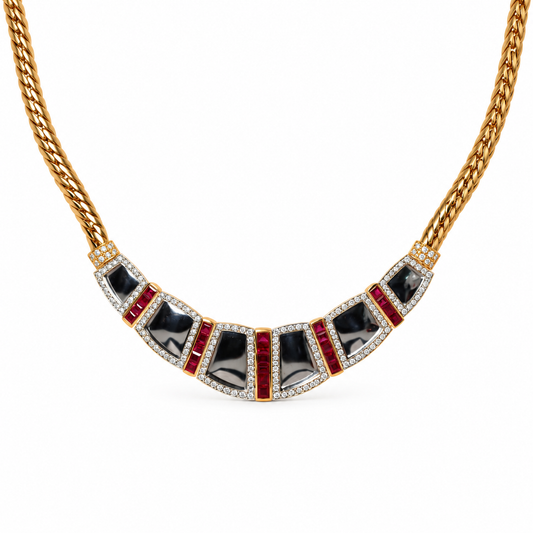 18ct Yellow and White Gold Ruby and Diamond Snake-Link Omega Necklace