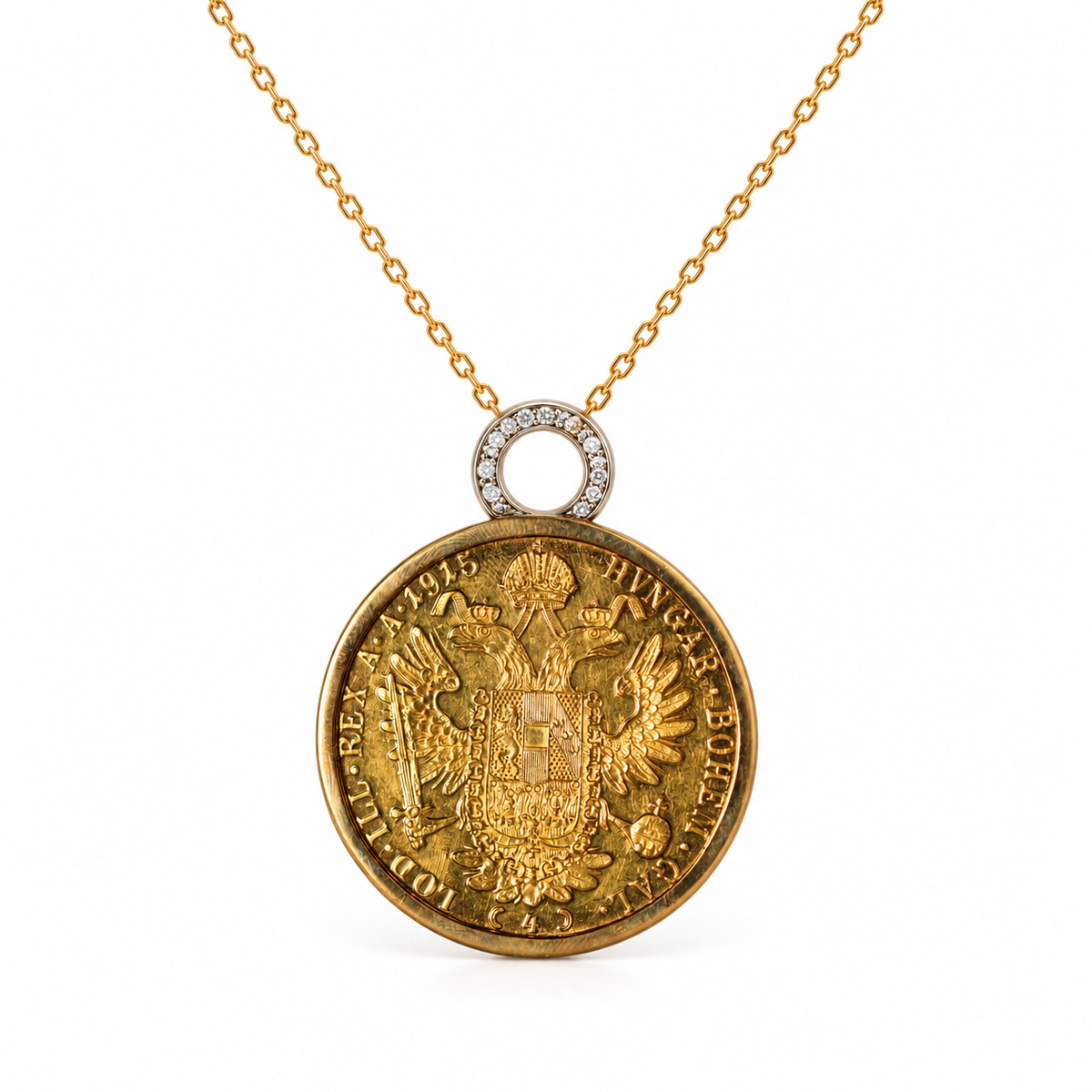 9ct Yellow Gold 1915 Ducat Coin Pendant with Diamond-Set Bail