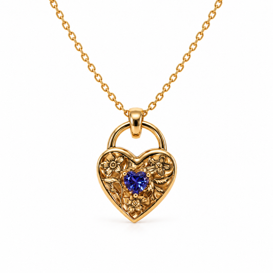 9ct Yellow Gold Tanzanite Heart Padlock Pendant-Pendant Only