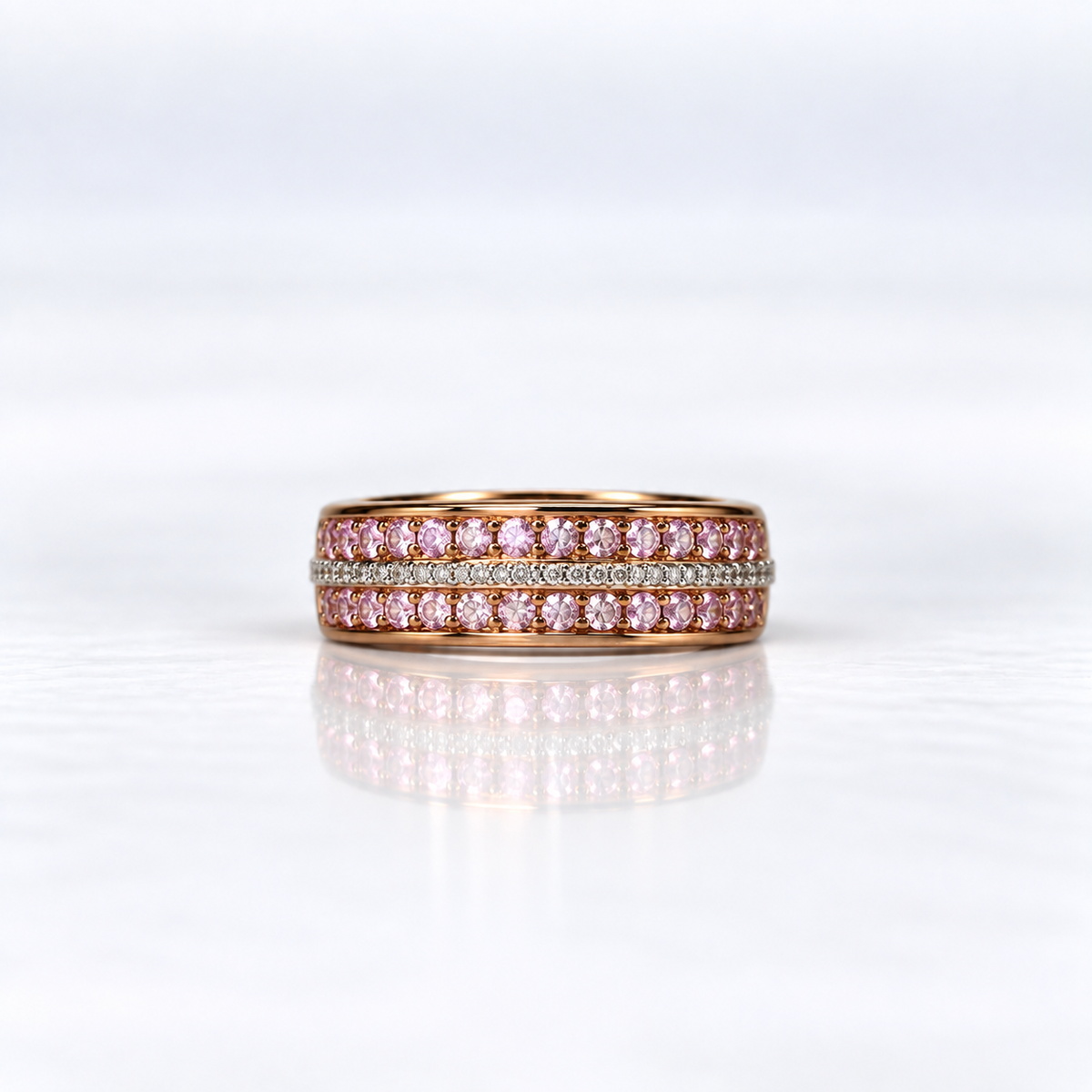 9ct Rose Gold Pink Sapphire and Diamond Three-Row Dress Ring