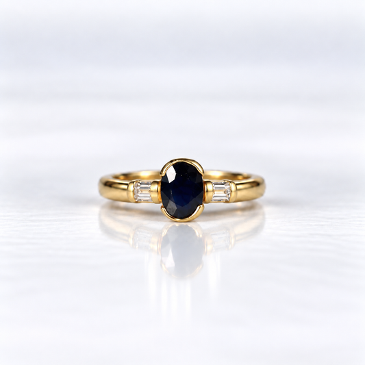 18ct Yellow Gold Oval Sapphire and Baguette Diamond Dress Ring