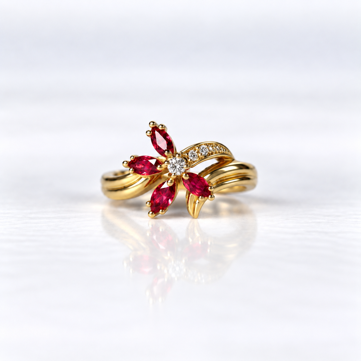 18ct Yellow Gold Ruby and Diamond Flower Dress Ring