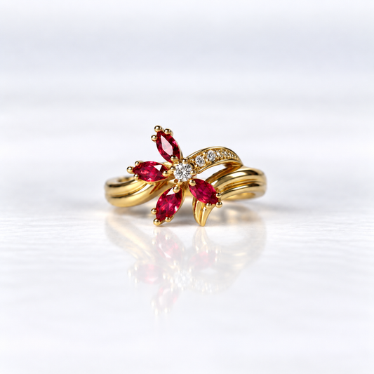 18ct Yellow Gold Ruby and Diamond Flower Dress Ring