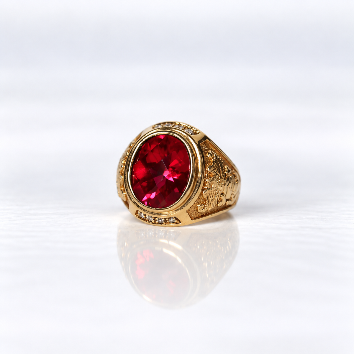 9ct Yellow Gold Men’s Ring with Created Red Gemstone