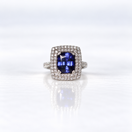Handmade 18ct White Gold 2.60ct Tanzanite and Diamond Double Halo Ring