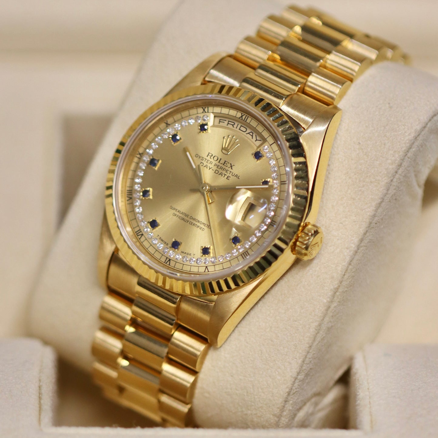 Rolex Day-Date 36MM - Rare Blue Sapphire & Diamond String Dial - 18238