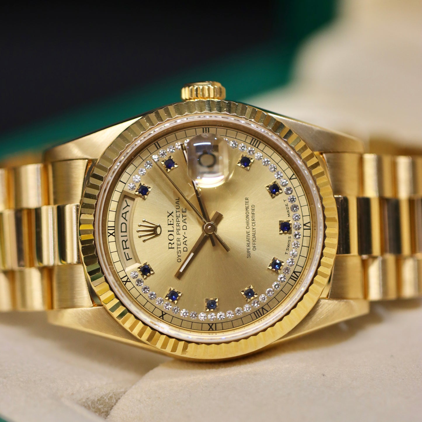 Rolex Day-Date 36MM - Rare Blue Sapphire & Diamond String Dial - 18238
