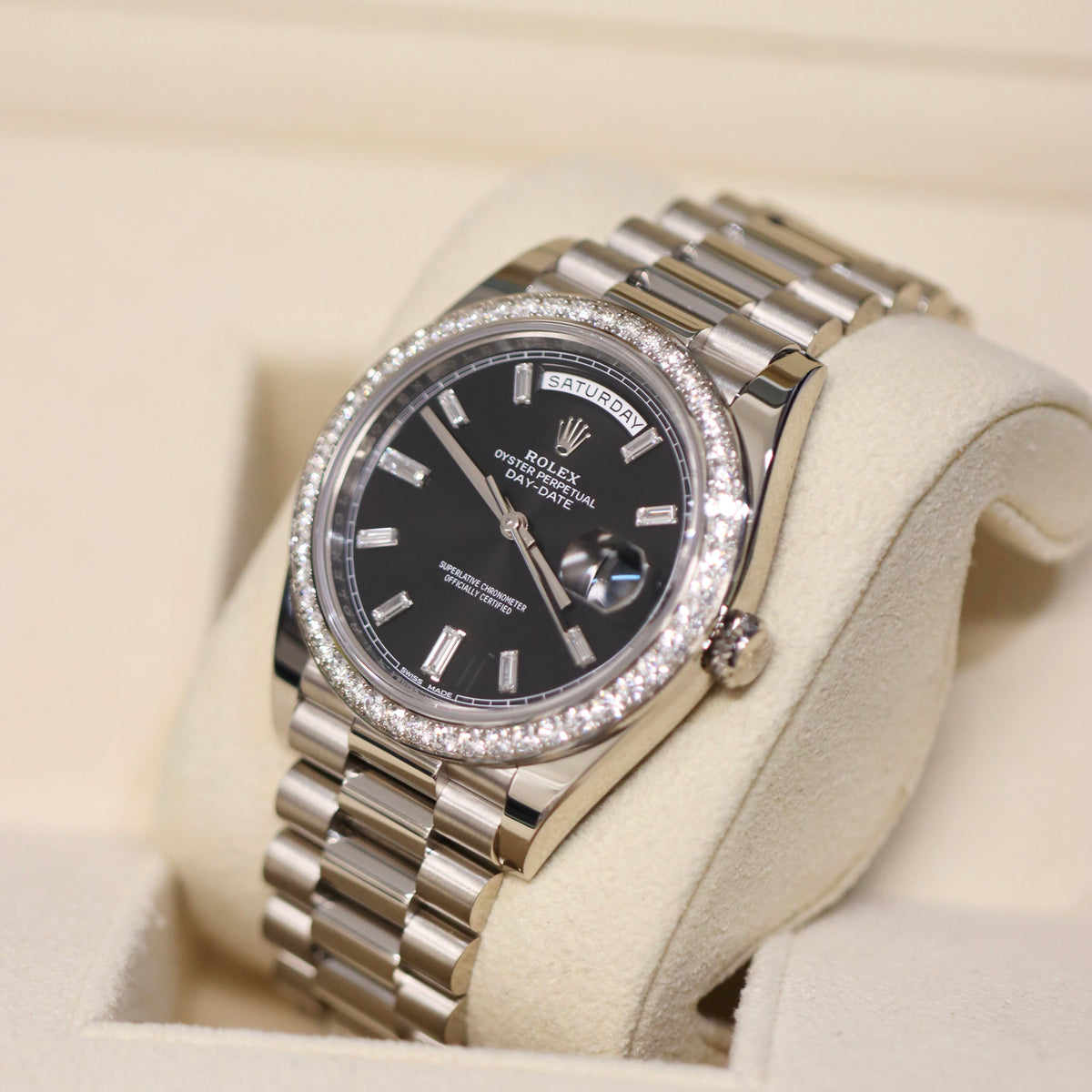 Rolex Day-Date 40 Factory Diamond bezel and Black Baguette Diamond Dial
