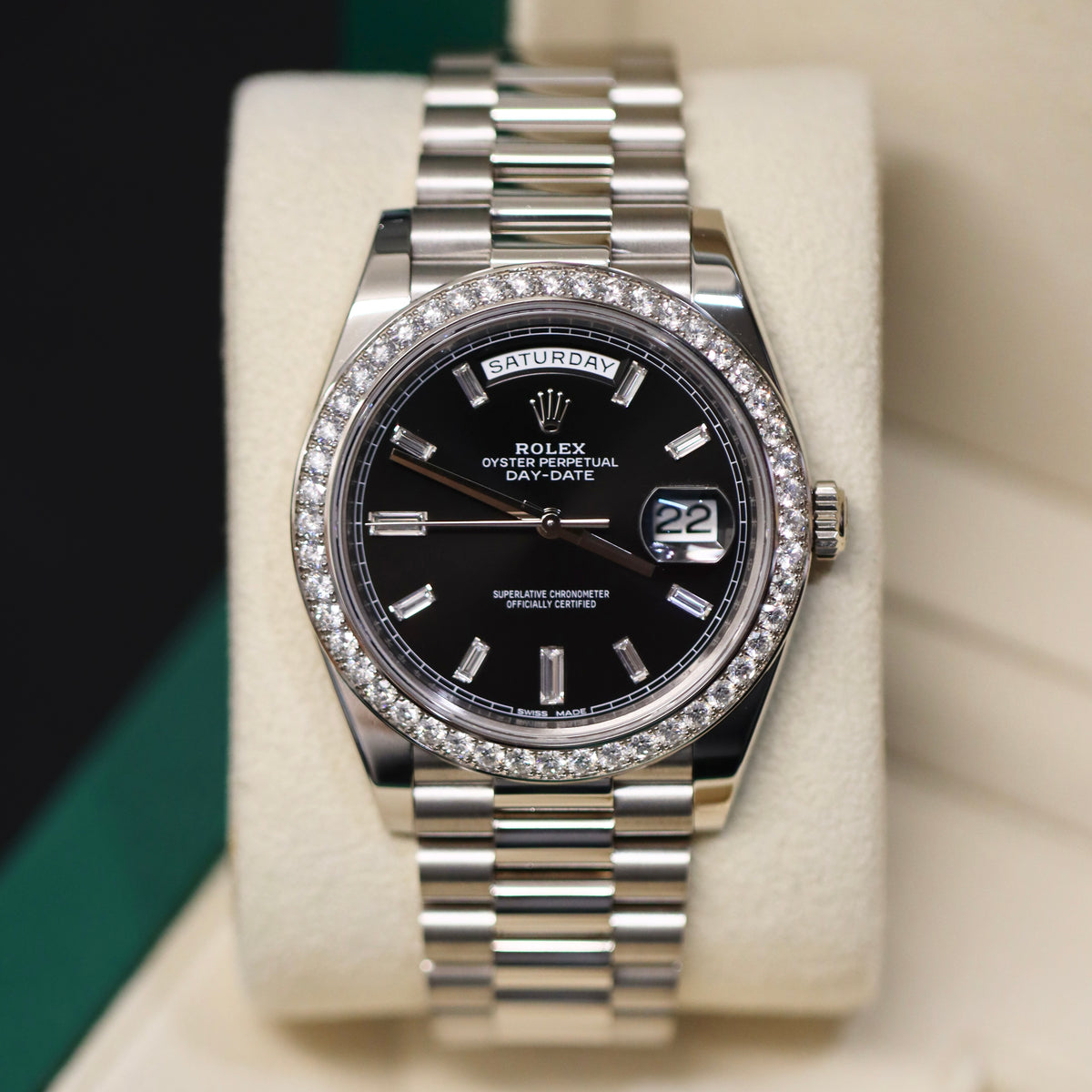 Rolex Day-Date 40 Factory Diamond bezel and Black Baguette Diamond Dial