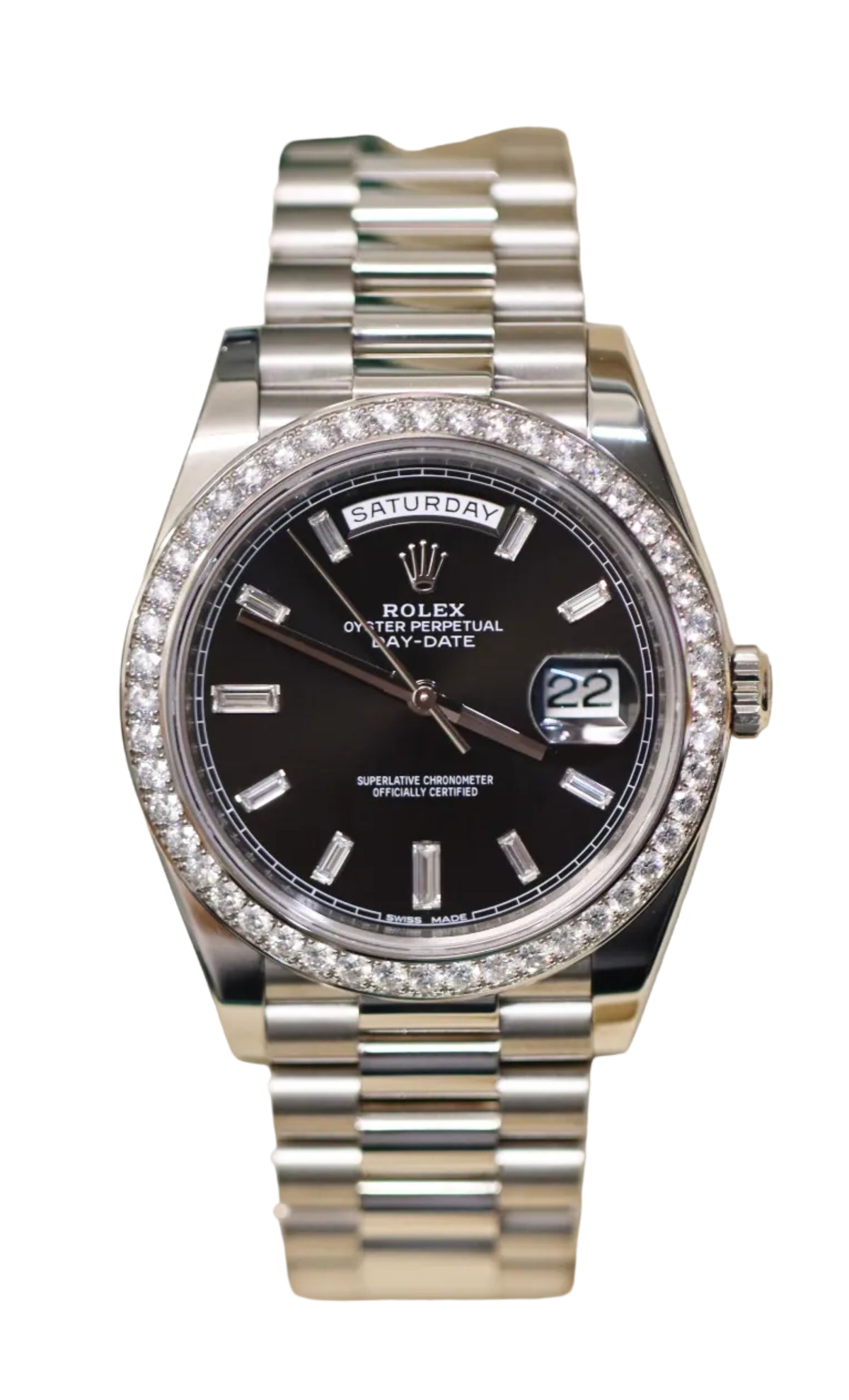 Rolex Day-Date 40 Factory Diamond bezel and Black Baguette Diamond Dial
