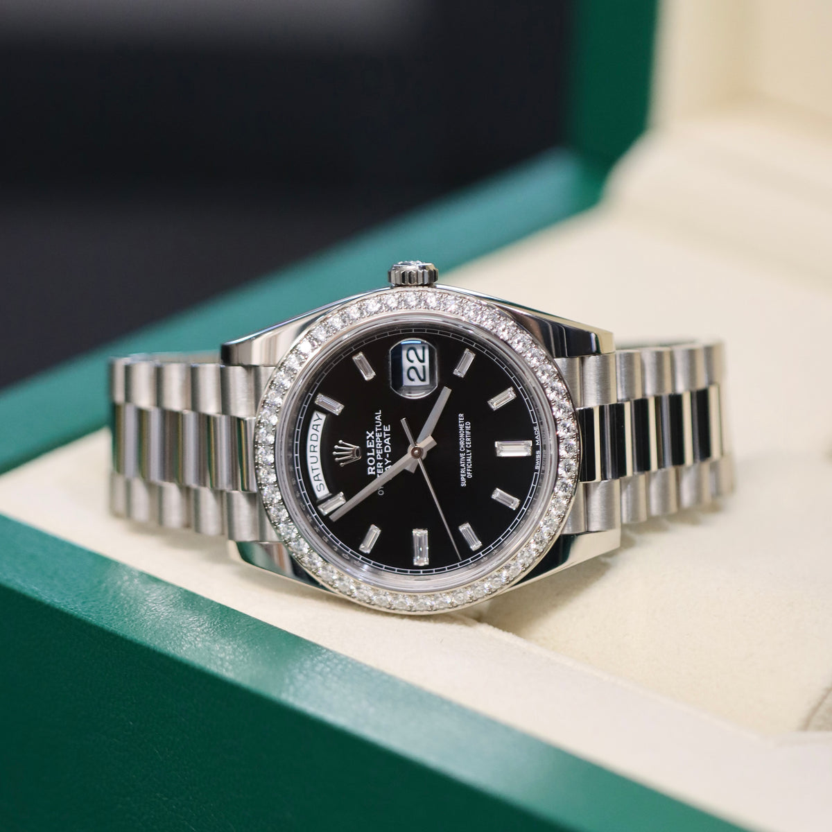 Rolex Day-Date 40 Factory Diamond bezel and Black Baguette Diamond Dial
