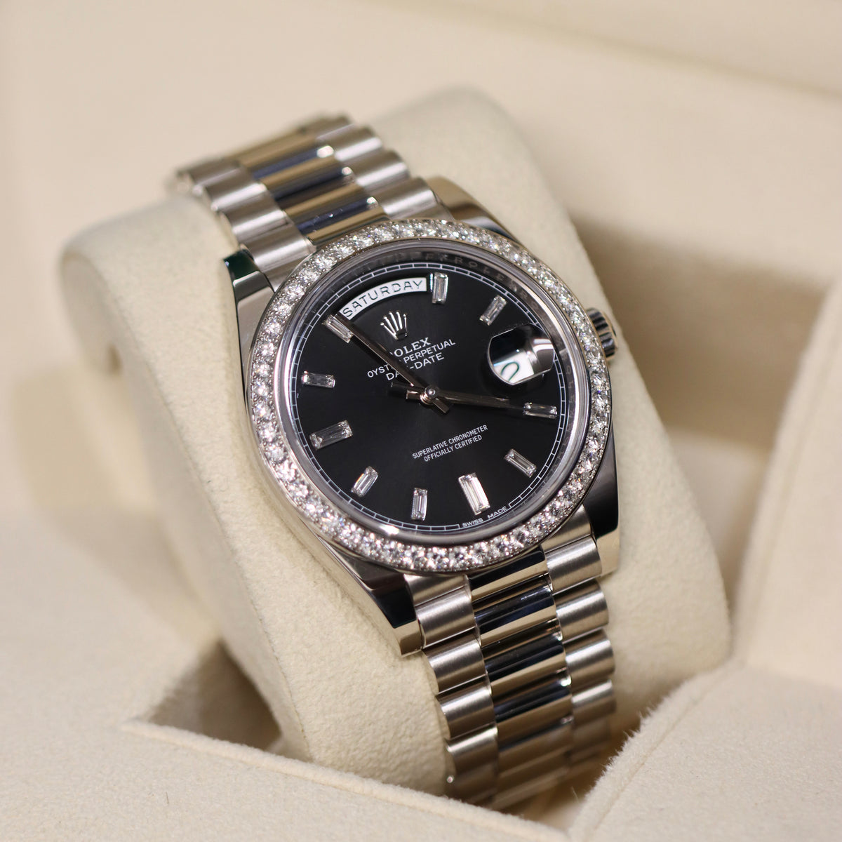 Rolex Day-Date 40 Factory Diamond bezel and Black Baguette Diamond Dial