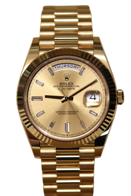 2022 Rolex Day-Date 228238 - Baguette Diamonds - Champagne