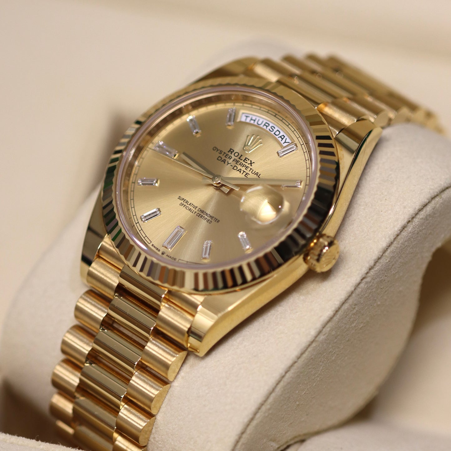 2022 Rolex Day-Date 228238 - Baguette Diamonds - Champagne