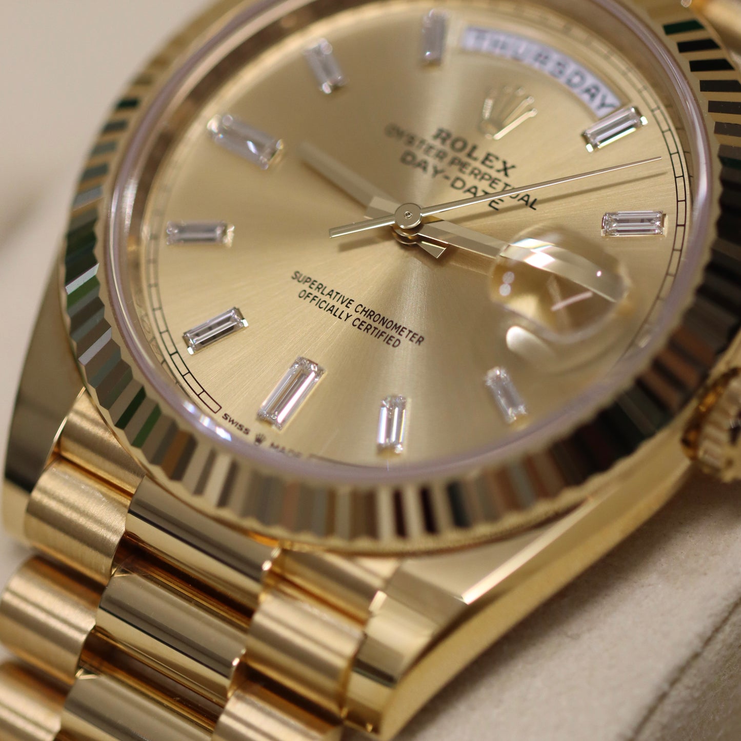 2022 Rolex Day-Date 228238 - Baguette Diamonds - Champagne