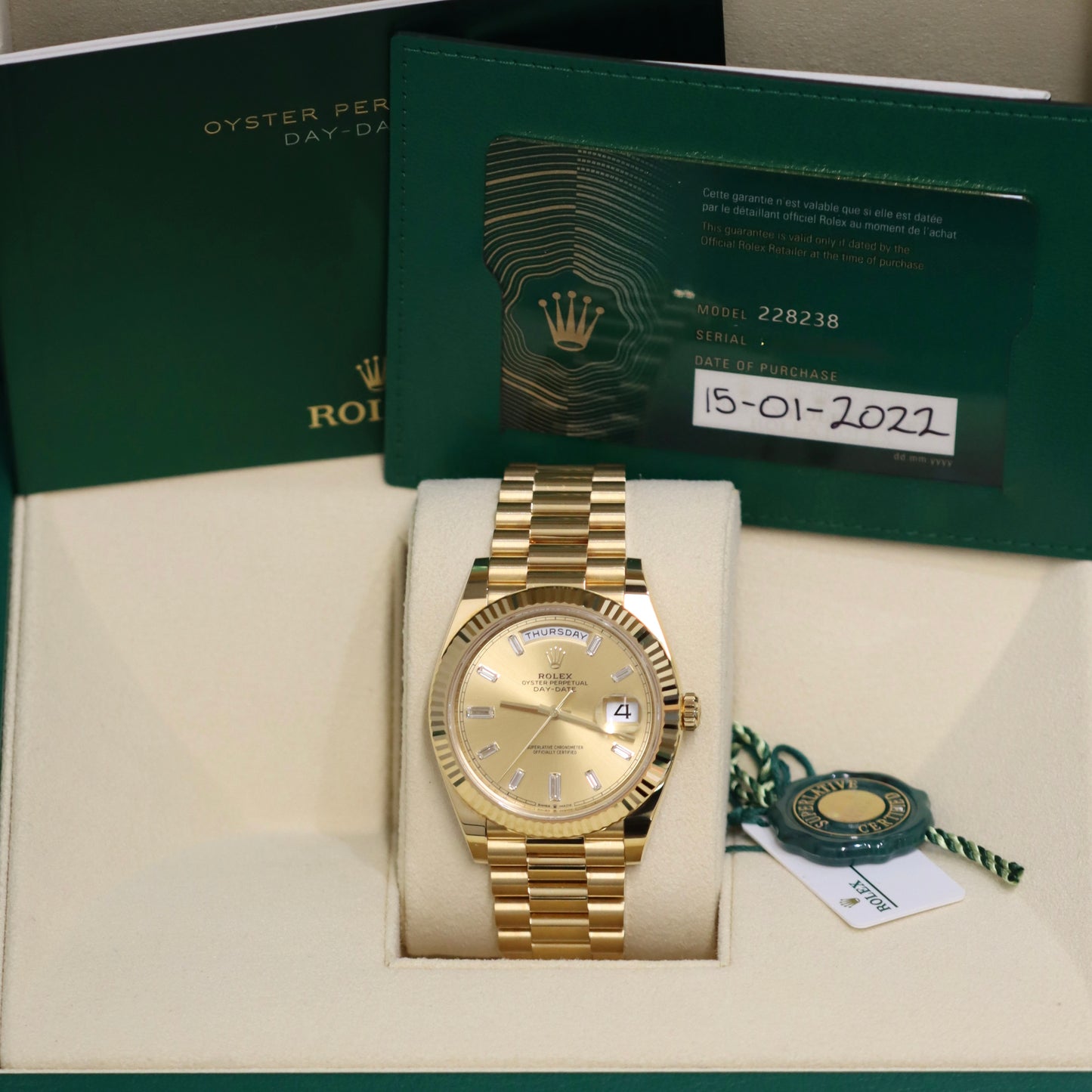 2022 Rolex Day-Date 228238 - Baguette Diamonds - Champagne