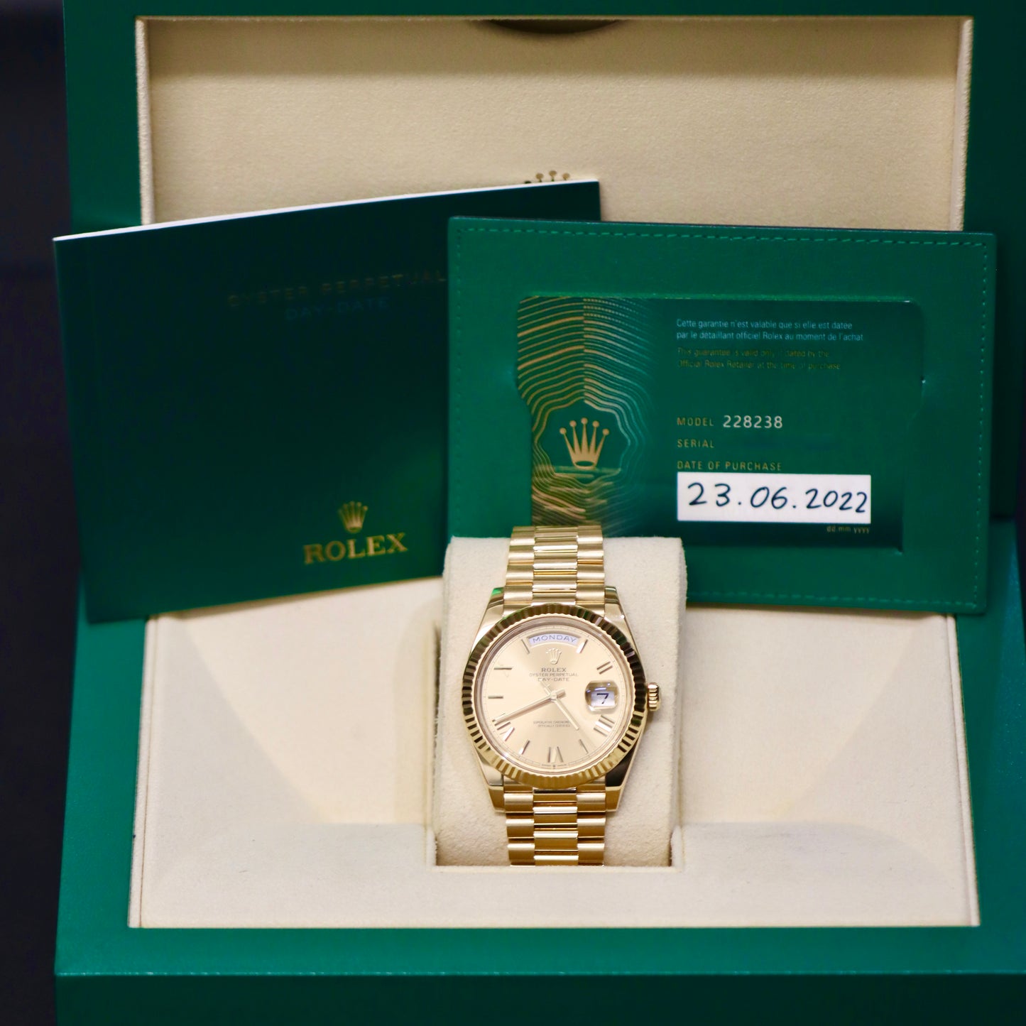 2022 Rolex Day-Date 40MM - 228238 - Champagne Roman - Box & Papers