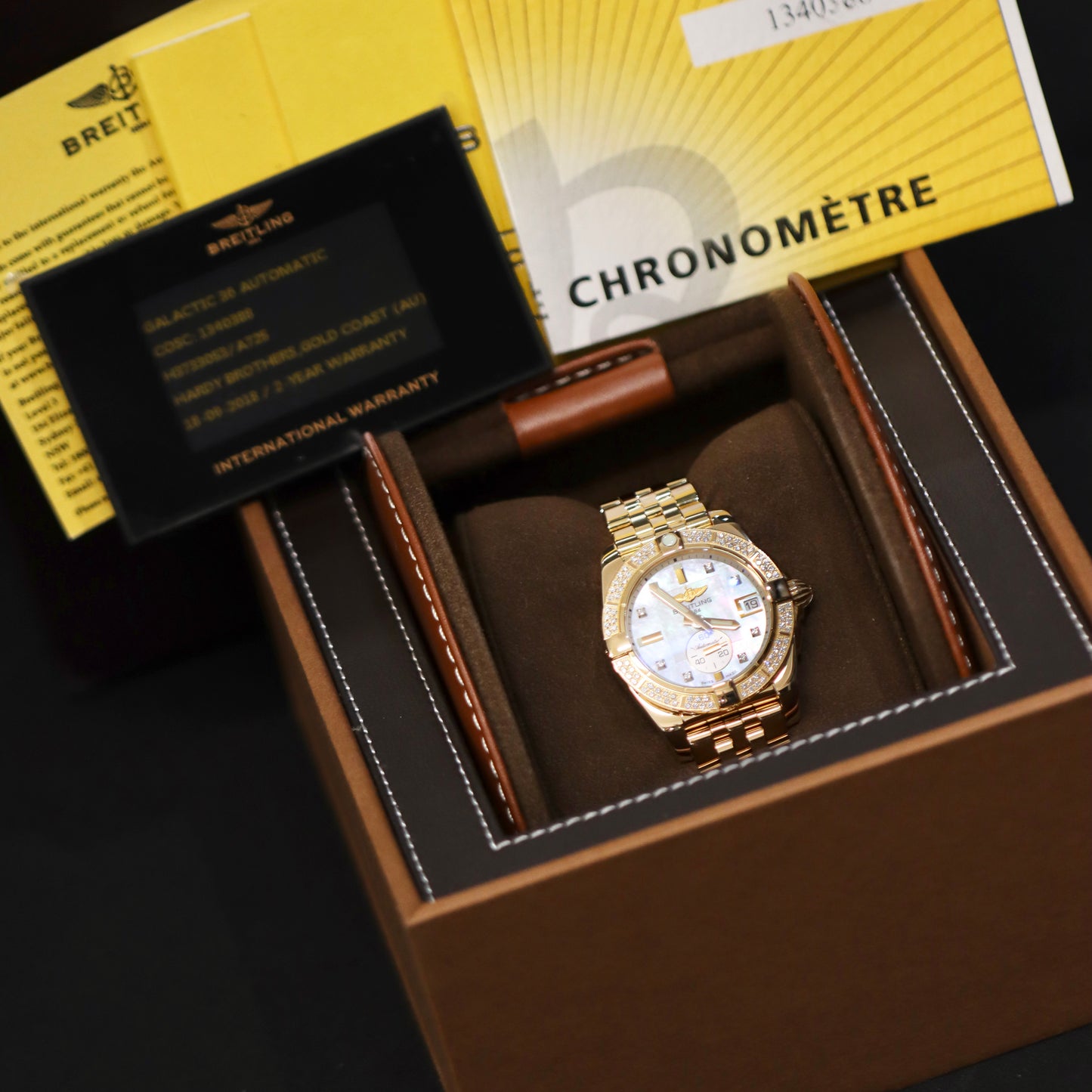 18K Yellow Gold Breitling Galactic 36MM - REF: H3733053 - MOP - Factory Diamonds